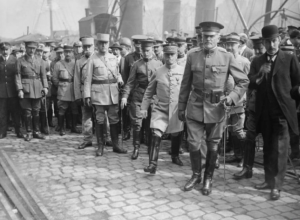 THE COMMANDER OF THE AMERICAN EXPEDITIONARY FORCE, LIEUTENANT GENERAL JOHN J. PERSHING, LANDING OFF THE BOAT AT BOULOGNE, 13 JUNE 1917.